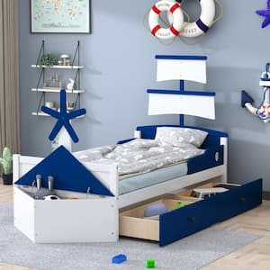 Blue Twin Size Unique Boat-Shaped Platform Bed Kids Bed with 2 Drawers