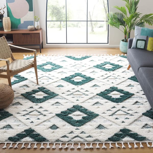 Moroccan Tassel Shag Green/Ivory 7 ft. x 7 ft.High-Low Geometric Fringe Square Area Rug