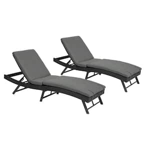 Black Wicker Outdoor Steel Frame Chaise Lounge with Grey Cushions (Set of 2)