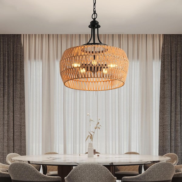 5 Light Black & Natual Boho Hemp Rope Chandelier with Hand-Woven Jute Shade and Adjustable Chain (No Bulb Included)