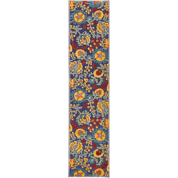 Nourison Aloha Navy Multicolor doormat 2 ft. x 8 ft. Floral Contemporary Indoor/Outdoor Area Rug