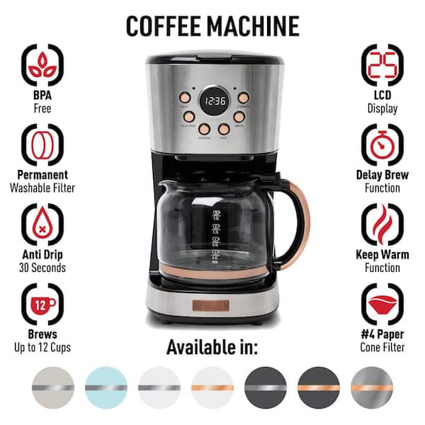 Haden 12-Cup Programmable Stainless Steel/Copper Drip Coffee Maker with Heritage 4-Slice Wide Slot Bread Toaster, Stainless Steel / Copper