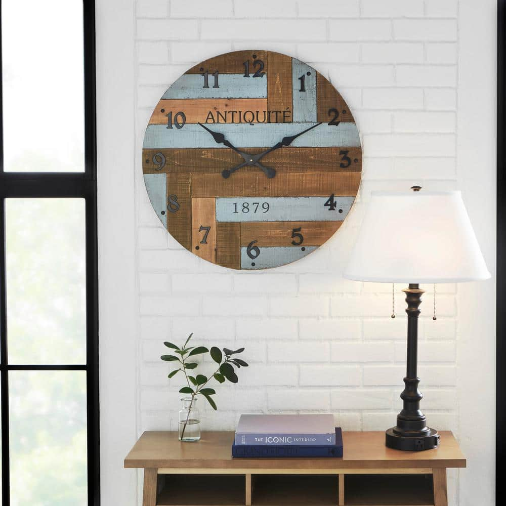 StyleWell Large Farmhouse Natural & Blue Wooden Shiplap Wall Clock (27 ...