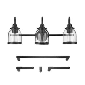 Devonport 24 in. 3-Light Matte Black Vanity Light with Clear Glass Shades, 4-Piece Bathroom Accessory Set Included
