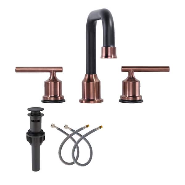 AVITAS 8 in. Widespread 3 Hole Lead-Free Double Handle Bathroom Faucet with Pop-up Drain and Supply Line in Rose Gold and Black