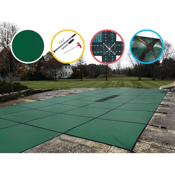 Water Warden 16 ft. x 32 ft. Rectangle Green Solid In-Ground Safety Pool Cover Center End Step, ASTM F1346 Certified