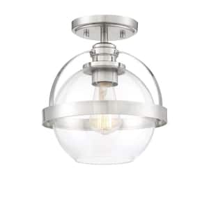 Pendleton 9.38 in. W x 9.75 in. H 1-Light Satin Nickel Semi-Flush Mount Ceiling Light with Clear Glass Orb Shade