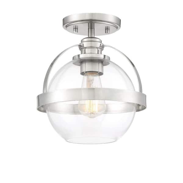 Savoy House Pendleton 9.38 in. W x 9.75 in. H 1-Light Satin Nickel Semi-Flush Mount Ceiling Light with Clear Glass Orb Shade