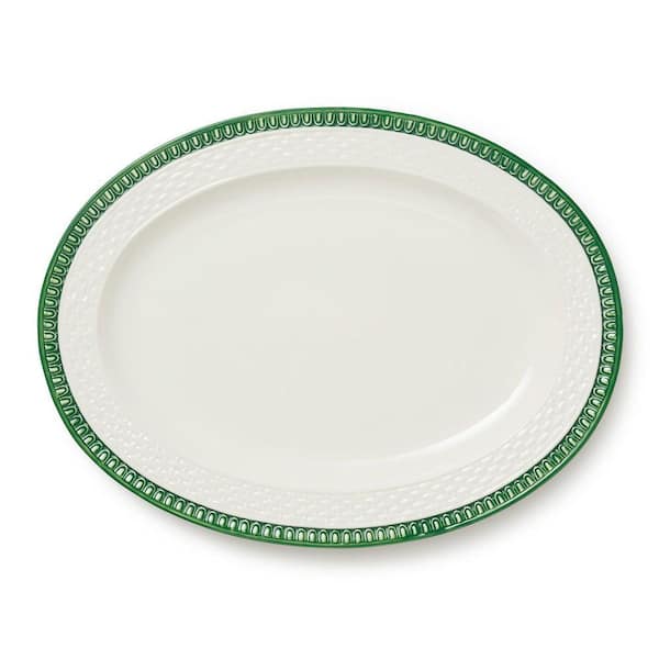 Le Jardin 16 in. x 12 in. Oval Green and White Stoneware Embossed Rattan Platter
