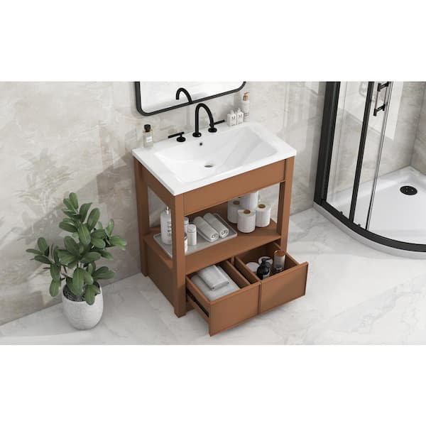 Unbranded 30 in. W. x 18 in. D x 34 in. H Single Sink Freestanding Bath Vanity in Brown with White Ceramic Top