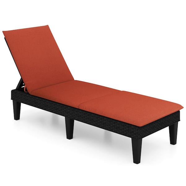 Black 1-Piece Metal and Wicker Outdoor Chaise Lounge with Orange Cushions, 3-Position Adjustable Backrest