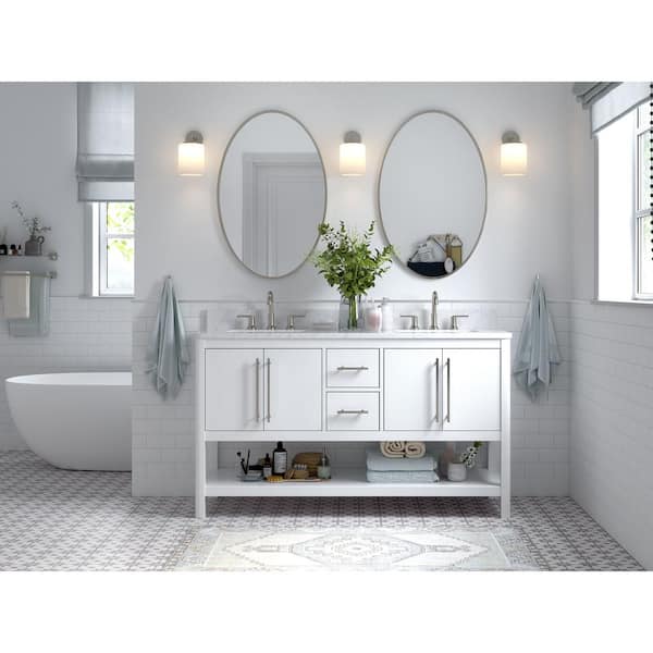 Home Decorators Collection Glovemont 60 in. W x 22 in. D x 35 in. H Double Sink Freestanding Bath Vanity in White with Carrara Marble Top