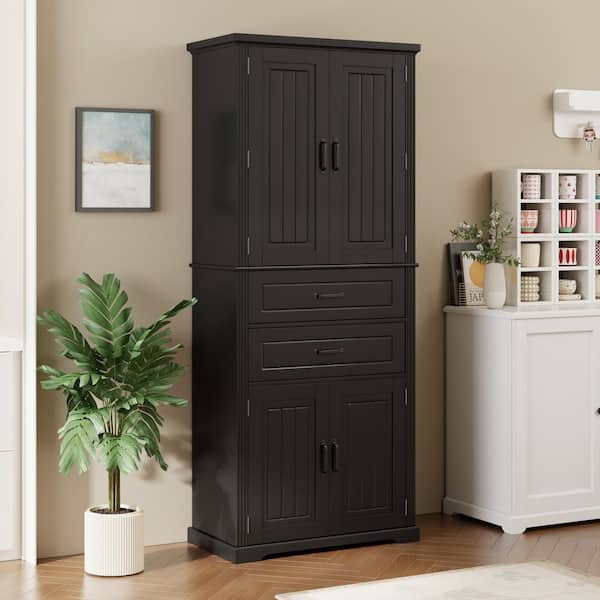 Vista Modern Black MDF Wood 30 in. Storage Pantry Cabinet with Drawer, Adjustable Shelves, For Bathroom, Kitchen
