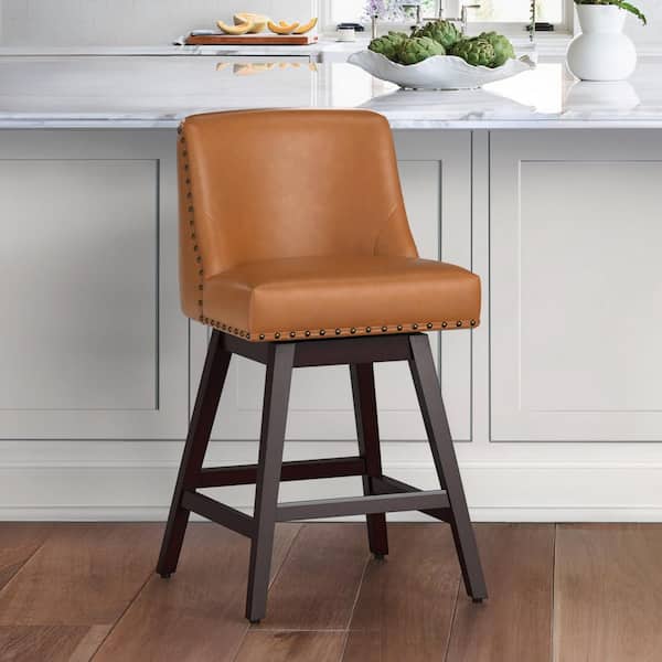 OrangeOne Hampton 26 in. Solid Wood Brown Swivel Bar Stools with Back Faux Leather Upholstered Counter Bar stool Set of 1