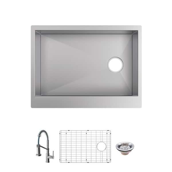 Glacier Bay Professional Zero Radius 27 in. Apron-Front Single Bowl 16 Gauge Stainless Steel Workstation Kitchen Sink with Faucet