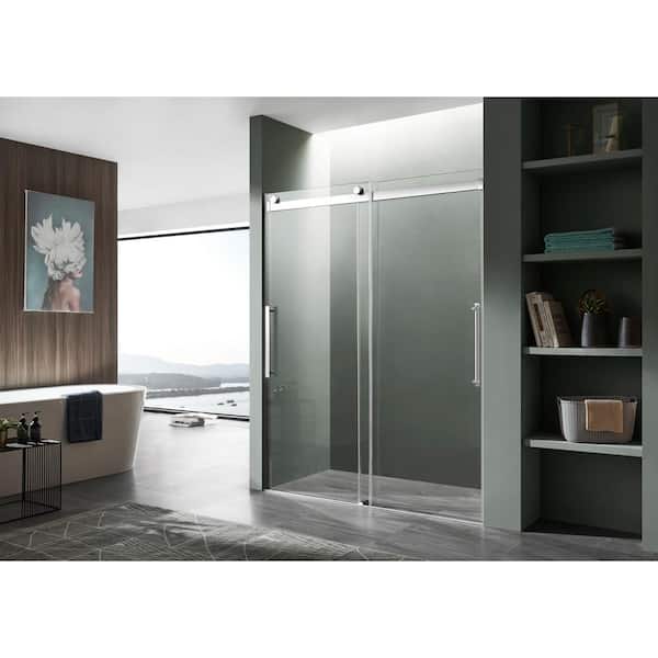 Stellar Series 48 in. x 76 in. H Sliding Frameless Shower Door in Chrome with Tsunami Guard Tempered Clear Glass