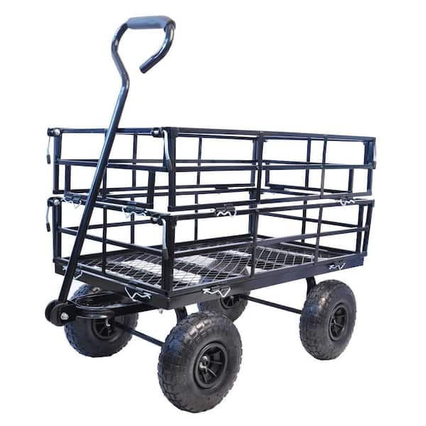 7 cu. ft. Black Metal Frame Outdoor Folding Utility Wagon Garden Cart with Double Layer Detachable Sides