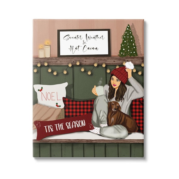 Stupell Industries Cozy Girl with Christmas Phrases by Saba Rauf 1-Piece Unframed Graphic Print People Poster Art Print 20 in. x 16 in.