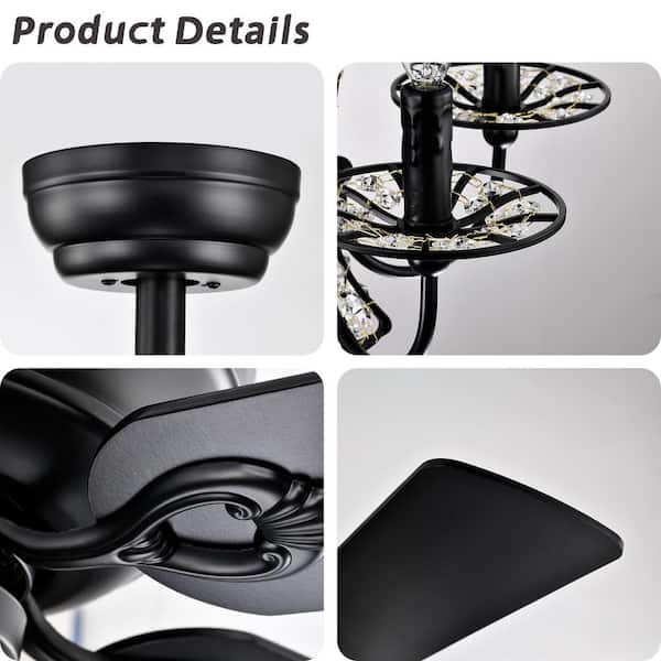 52 in. Modern Crystal Indoor Ceiling Fan with Lights and Remote Control, Reversible Blades for Bedroom Living Room,Black