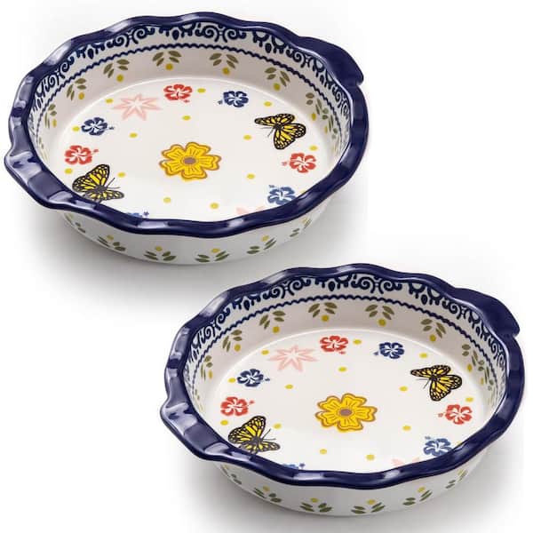 Vintage Round Ceramic Pie Pans 10 Inch Butterfly and Flower Pattern Bakeware Dishes with Side Handles 2 Pack