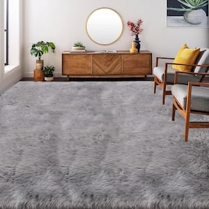 Sheepskin Faux Furry Gray 10 ft. x 14 ft. Cozy Rugs Area Rug