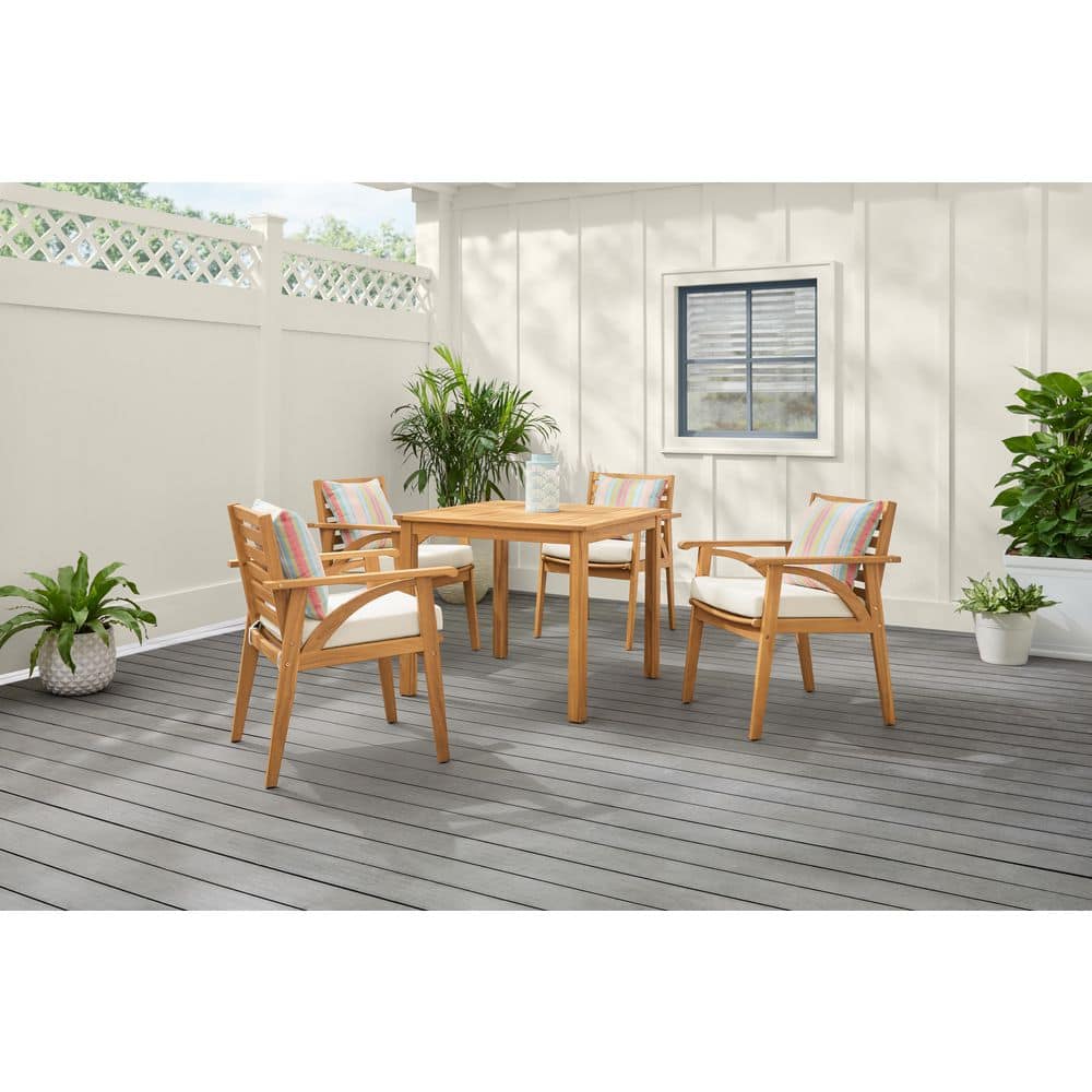 Hampton Bay Windy Hill 5-Piece Acacia Wood Outdoor Dining Set with CushionGuard Almond Biscotti Cushions FRN-387545-1