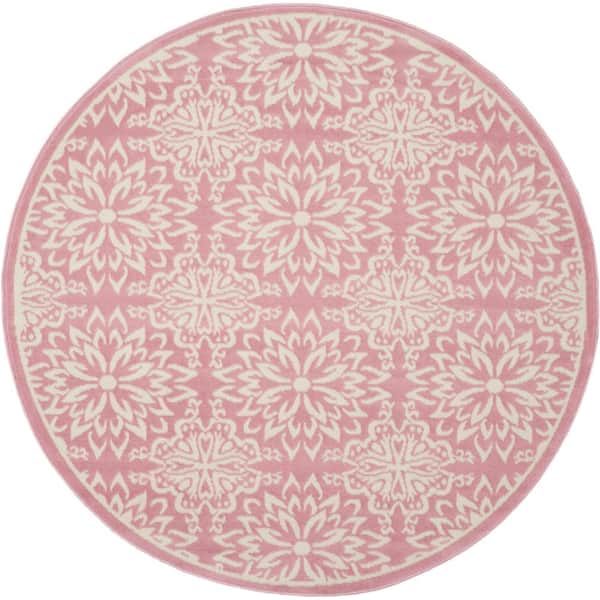 Nourison Jubilant Ivory/Pink 5 ft. x 5 ft. Moroccan Farmhouse Round Area Rug