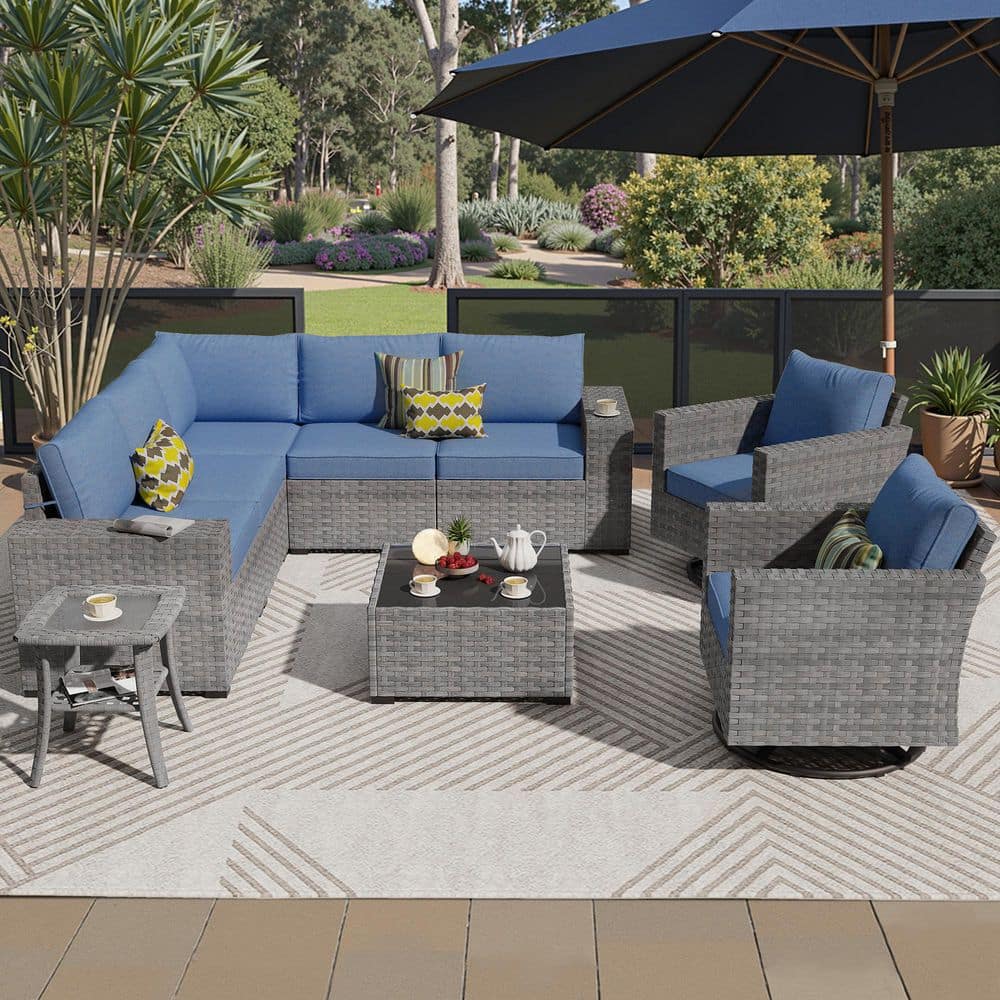 Lanora Gray 9-Piece PE Rattan Wicker Outdoor Sectional Set Sofa Set with Denim Blue Cushion, Table & Rocking Chair Set price history on PriceWatchPro