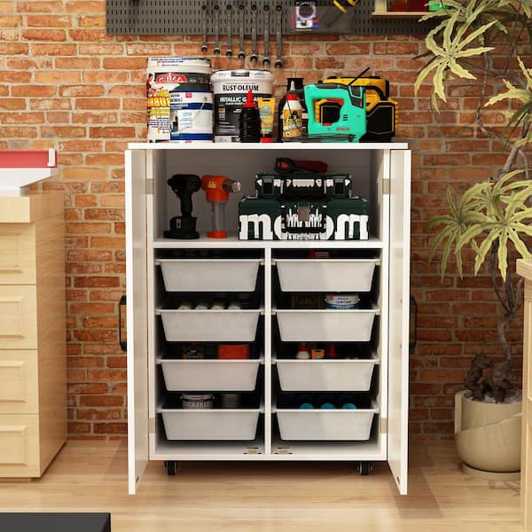 27.3 in. W x 34.4 in. H x 19 in. D Garage Cabinet Freestanding Cabinet in White With 8 Baskets and Lockable Wheels