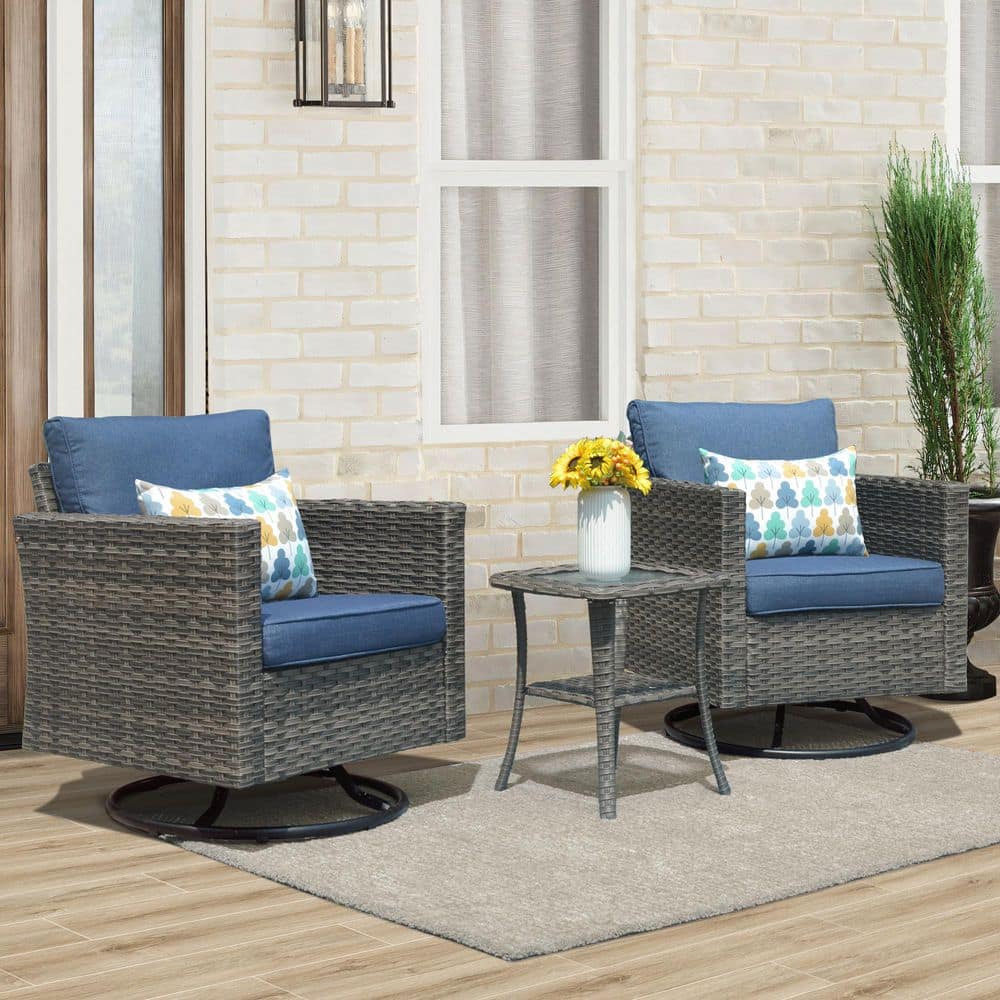 New Vultros Gray 3-Piece Wicker Outdoor Patio Conversation Set with Denim Blue Cushions and Swivel Rocking Chairs price history on PriceWatchPro