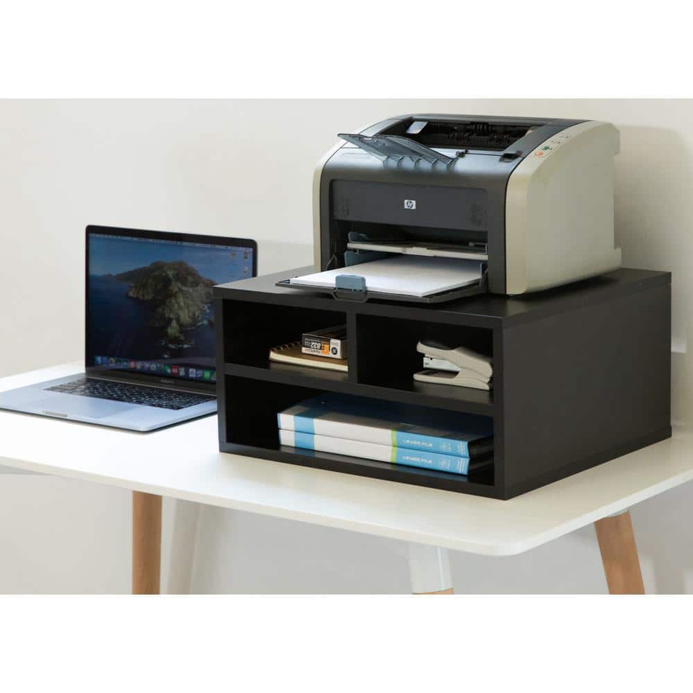 Black Wood Office Desktop Printer Stand with Storage Shelves