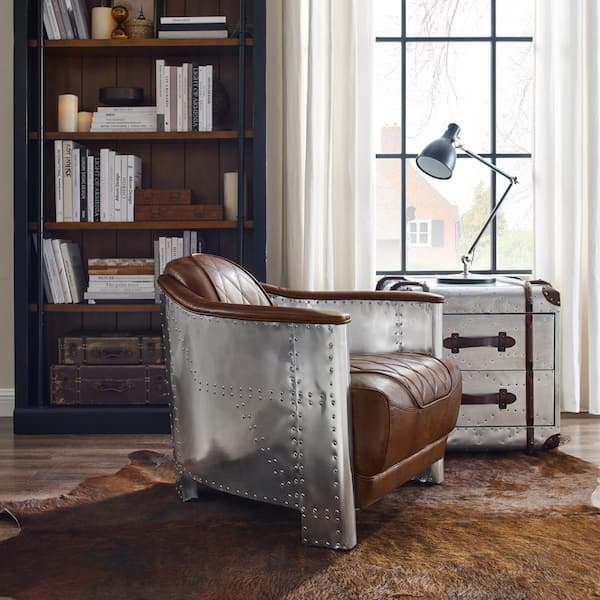 Top Leather Cognac Mid Century Modern Genuine Leather Accent Armchair with Vintage Aluminum Exterior Accented and Rivets