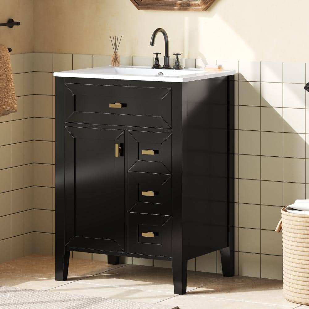 24 in. Black Bathroom Vanity with White Ceramic Sink, Cabinet with 2-Tier Door Storage Rack, Soft-Close Door and Drawers price history on PriceWatchPro