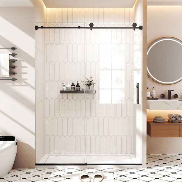 56-60" W X 76" H Frameless Sliding Shower Door 3/8"(10mm) Tempered Glass And Stainless Steel Hardware, Matte Black