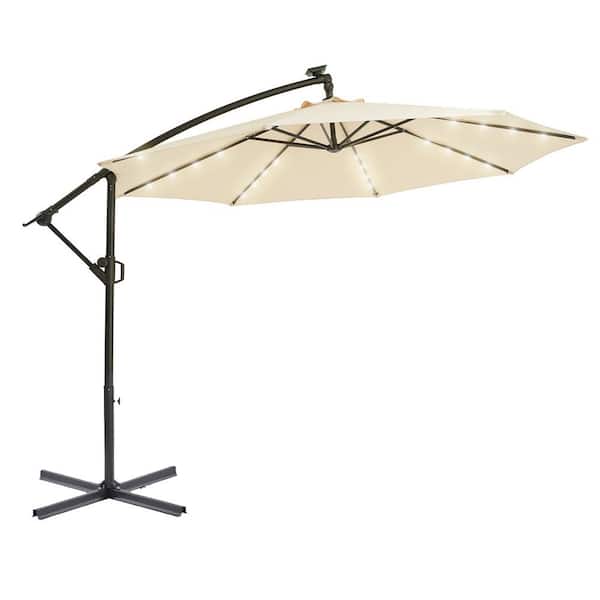 10 ft. Solar LED Offset Hanging Umbrella Cantilever Patio Umbrella with Tilt Adjustment and Cross Base in Beige