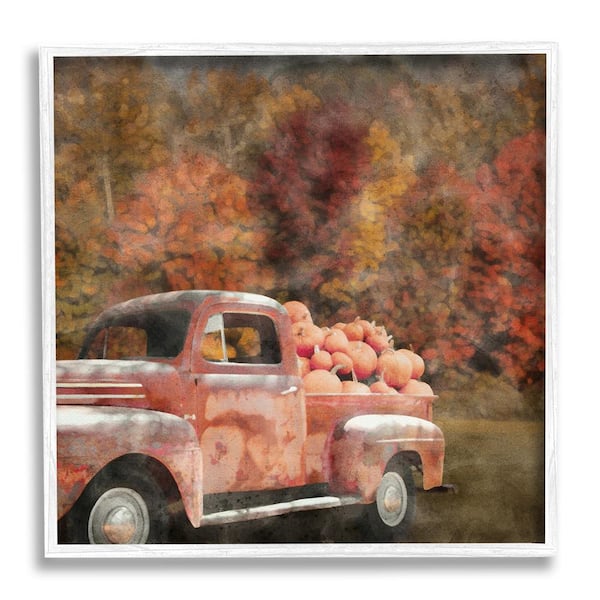 Stupell Industries Fall Truck with Pumpkins by LSR Design Studio 1-Piece Framed Graphic Print Travel Poster Art Print 12 in. x 12 in.