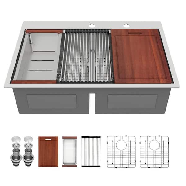Sarlai 33 in. Top Mount Double Bowl 16-Gauge Brushed Nickel Stainless Steel Round Corner Drop-In Kitchen Sink with Strainers
