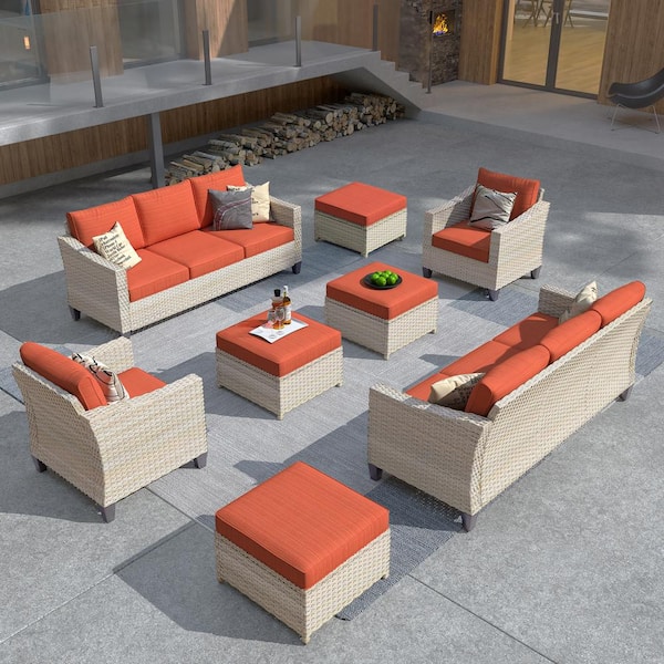 HOOOWOOO Oconee Beige 8-Piece Beautiful Outdoor Patio Conversation Sofa Seating Set with Orange Red Cushions