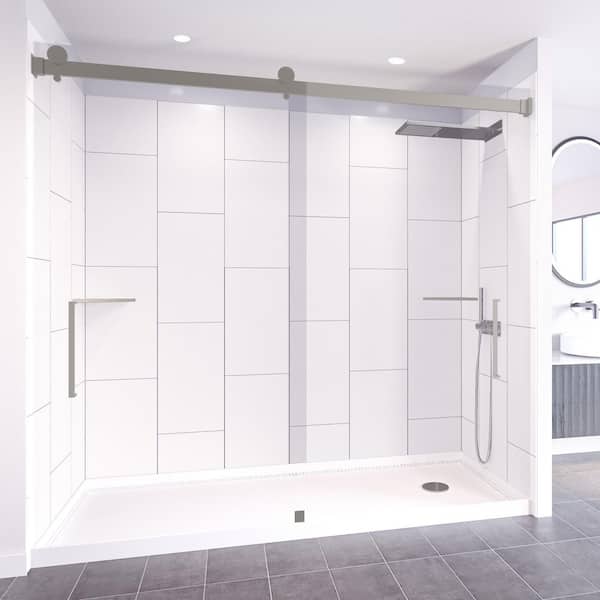 NuVo Winter White-Tetherow 60 in. x 30 in. x 83 in. Base/Wall/Door Rectangular Alcove Shower Stall/Kit Brushed Nickel Right