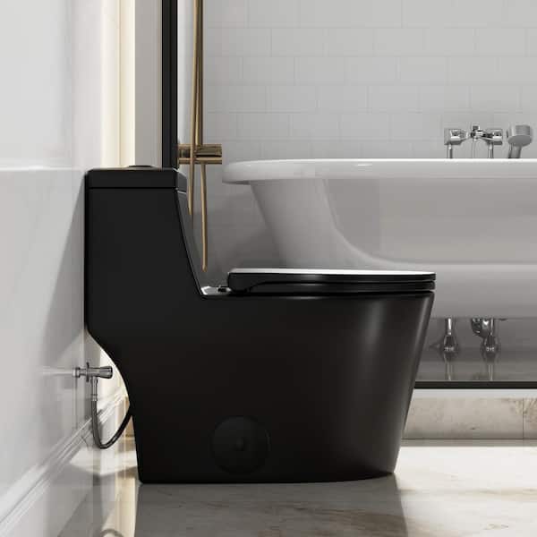 Hanikes 1-Piece 1.1/1.6 GPF Dual Flush Elongated WaterSense Toilet in Black with Map Flush 1000g, Soft Closed Seat Included