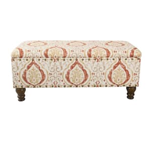 Large Rectangle Orange/Cream Medallion Bench with Storage and Nailhead Trim 18 in. Height x 42 in. Width x 18 in. Depth