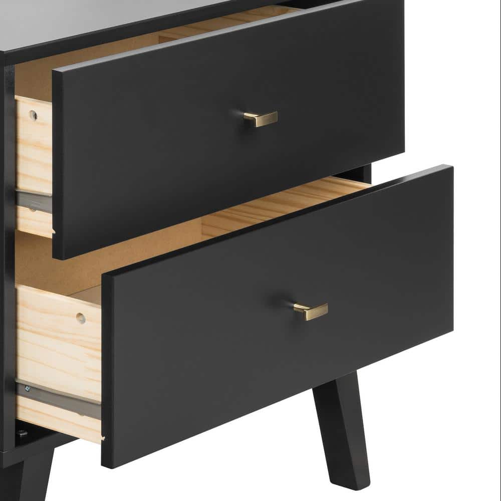 Black Mid-Century Modern 2-Drawer Nightstand with Brass Knobs