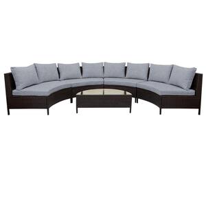 5-Piece Brown Outdoor Wicker Rattan Patio Conversation Sectional Sofa Set with Gray Cushions and Table