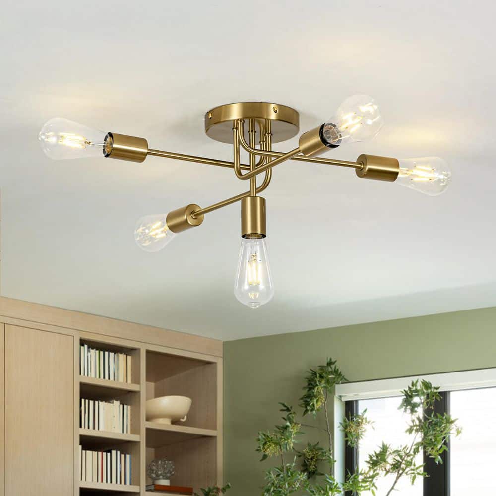 HUOKU Calyros 5-Light 24 in.W Brass Sputnik Semi Flush Mount Light