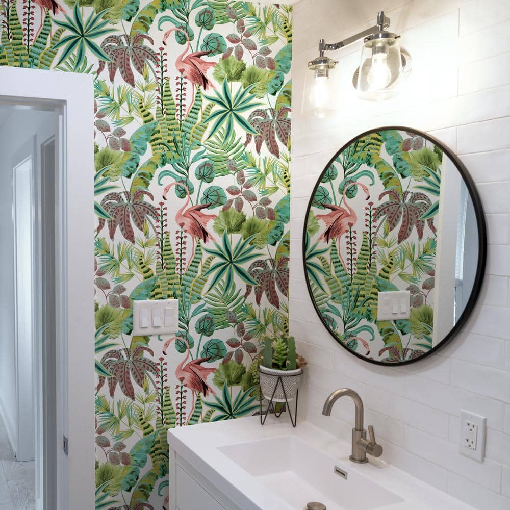 Cactus Rose Tropical Pink and Green Peel and Stick Wallpaper Roll