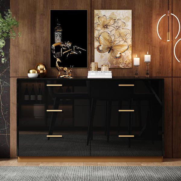 FUFU&GAGA Black High Gloss Mirrored 55.1 in. W Chest of Drawers Modern Cabinet with 6 Mirrored Drawers 15.7 in. D x 31.5 in. H