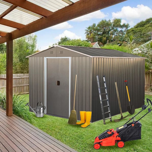 8 ft. x 10 ft. Gray Metal Outdoor Storage Shed with Galvanized Steel Roof, Foundation, Sliding Door (75 sq. ft.)