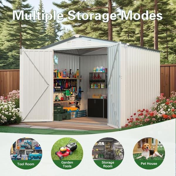 8 ft.X 6 ft. Metal White+Gray Outdoor Garden Storage Shed with One