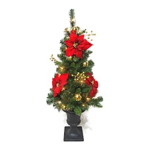 3.5 ft. Pre-Lit Glittered Poinsettia Potted Artificial Christmas Tree with 35 Clear Lights