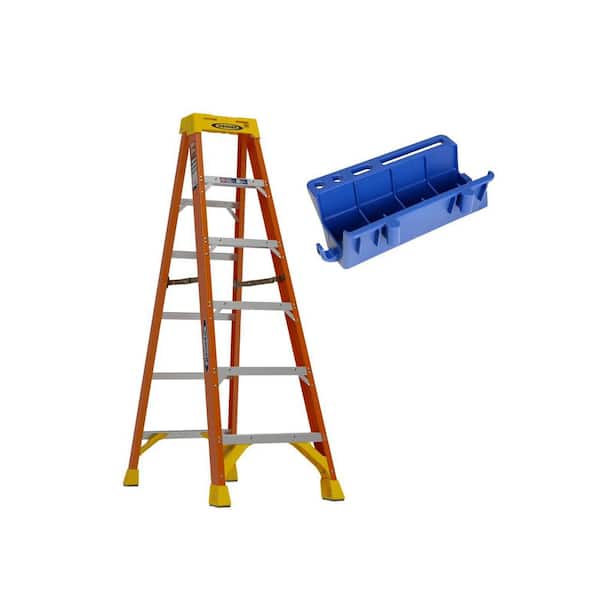 6 ft. Fiberglass Step Ladder with 300 lbs. Load Capacity Type IA Duty Rating and Lock-in Job Caddy Accessory
